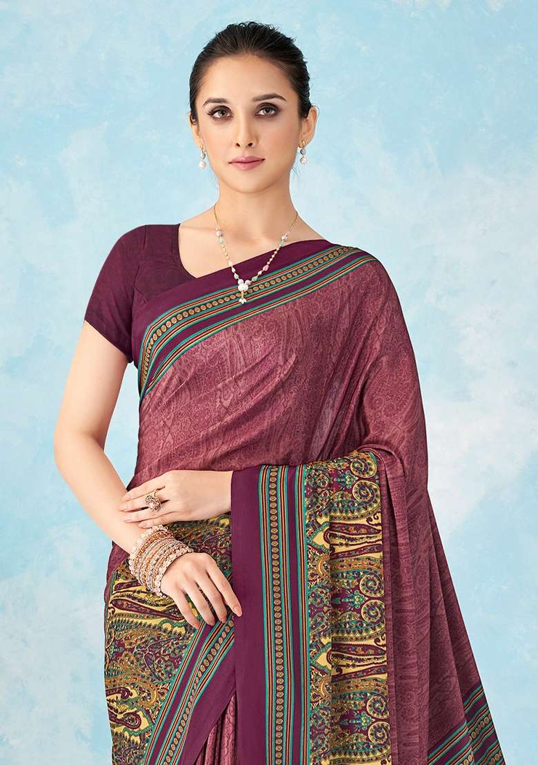 Burgundy Printed Crepe Saree Set for Diwali and Festive Wear - Indya