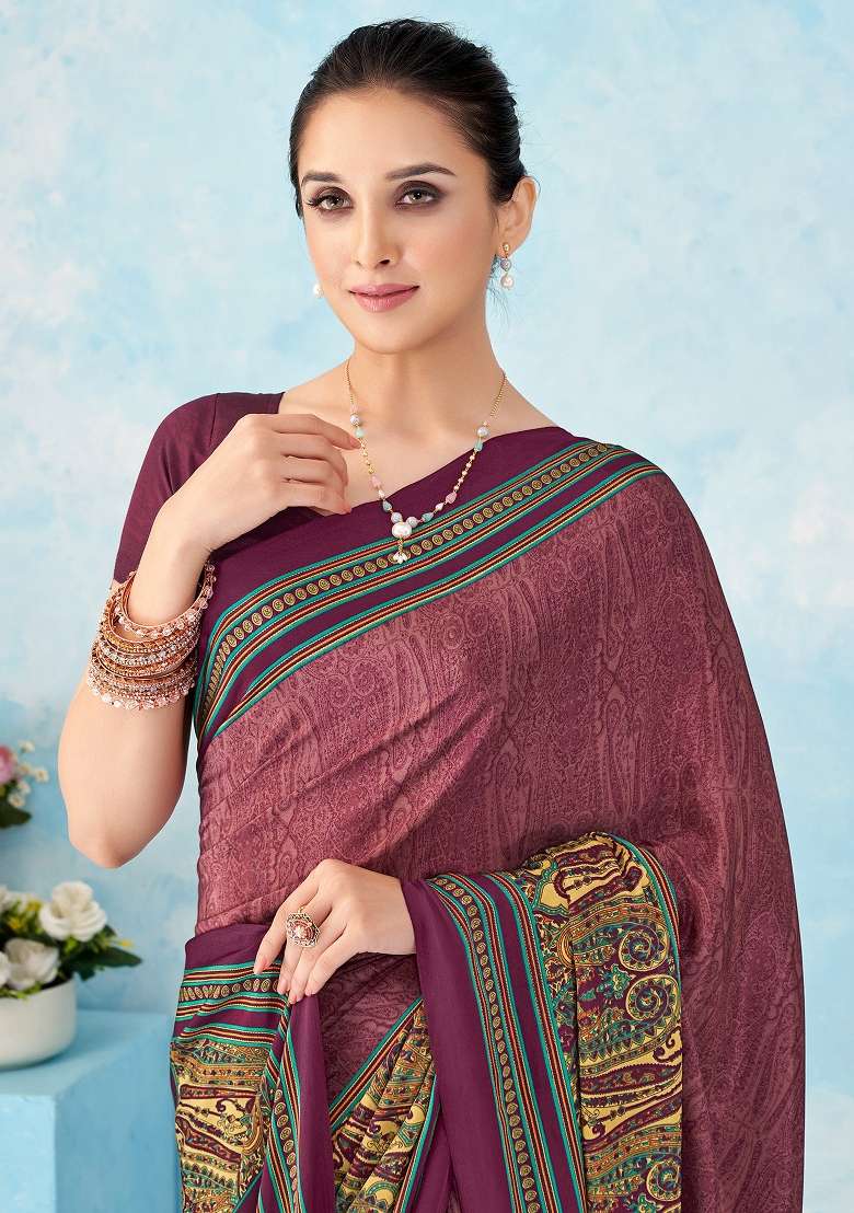 Burgundy Printed Crepe Saree Set for Diwali and Festive Wear - Indya
