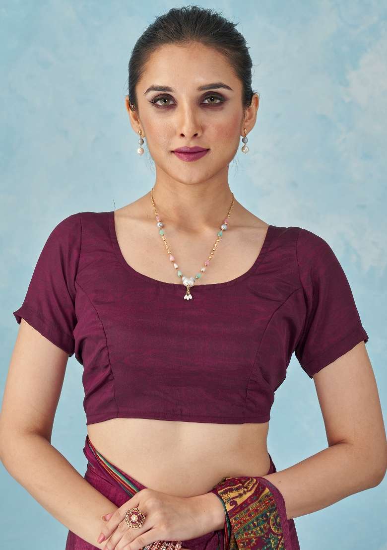 Burgundy Printed Crepe Saree Set for Diwali and Festive Wear - Indya