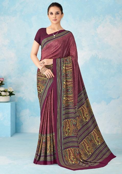 Burgundy Printed Crepe Saree Set