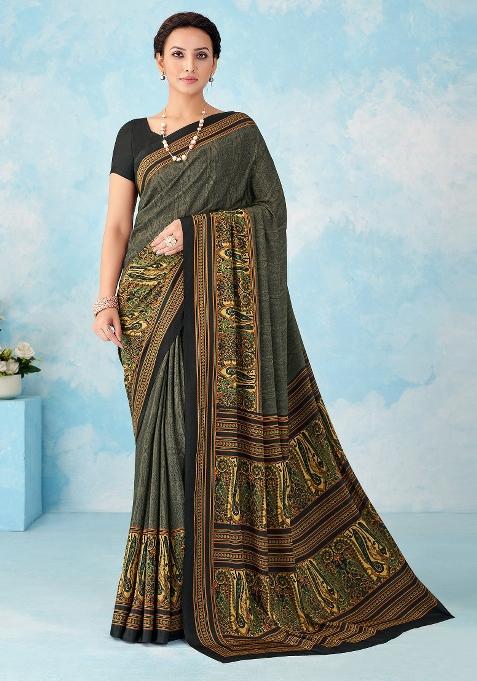 Black Printed Crepe Saree Set — view on Indya