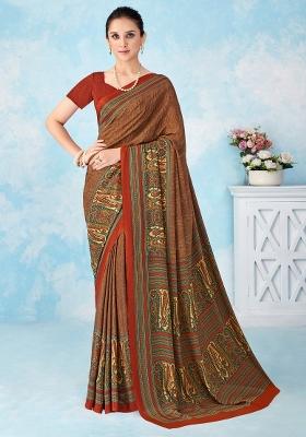Beige Printed Crepe Saree Set