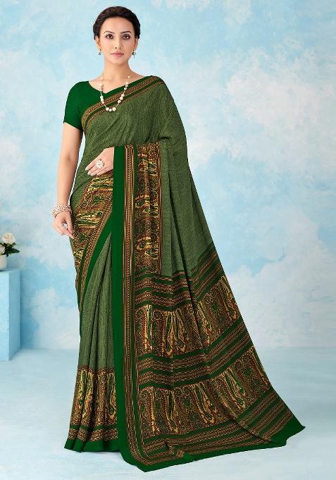 Green Printed Crepe Saree Set — view on Indya