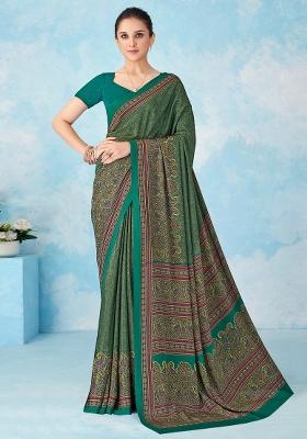 Teal Green Printed Crepe Saree Set