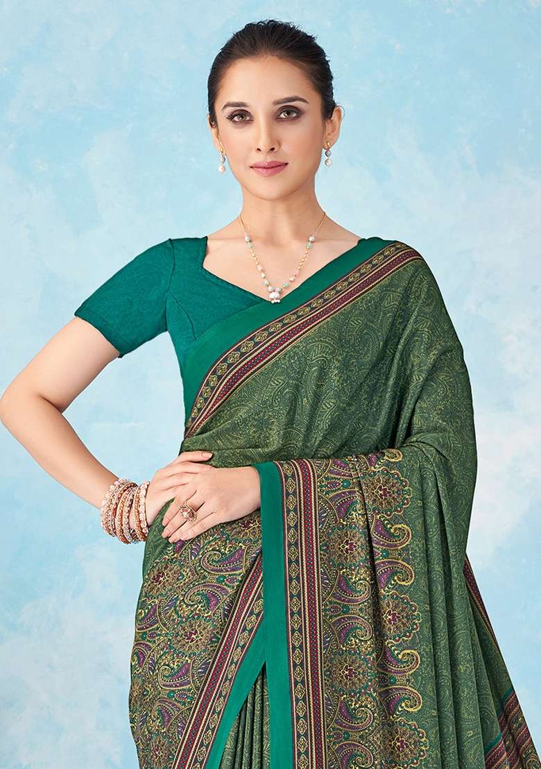 Teal Green Crepe Saree Set with Printed for Diwali | Wedding & Festive Wear - Indya