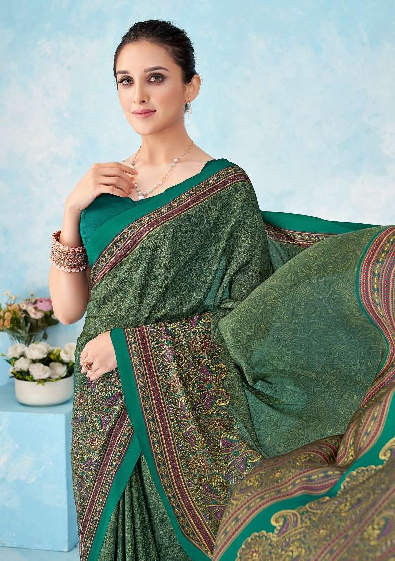 Teal Green Crepe Saree Set with Printed for Diwali | Wedding & Festive Wear - Indya