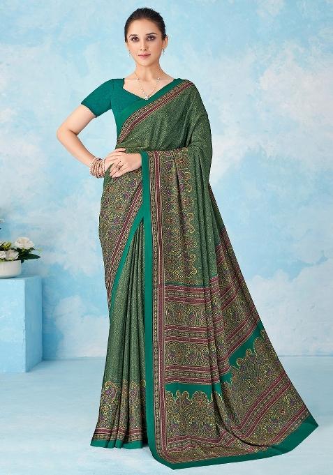 Teal Green Printed Crepe Saree Set — view on Indya