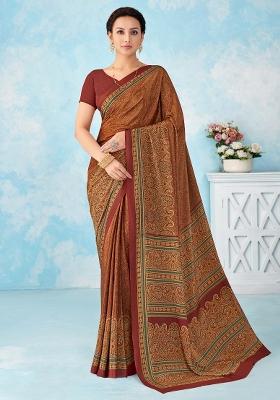 Beige Printed Crepe Saree Set