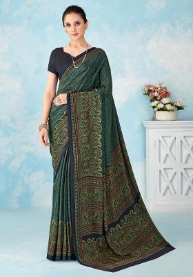 Navy Blue Printed Crepe Saree Set