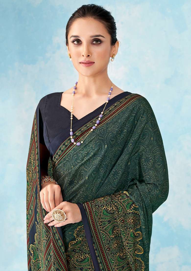 Navy Blue Printed Crepe Saree Set for Diwali and Festive Wear - Indya