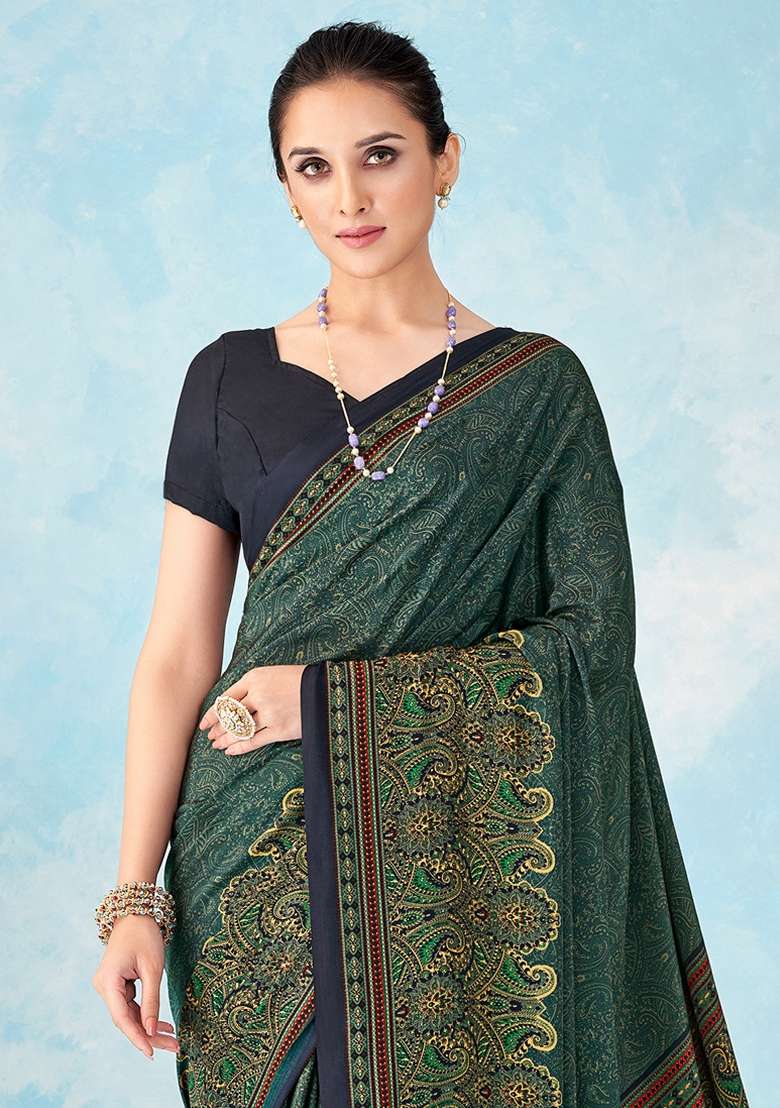 Navy Blue Printed Crepe Saree Set for Diwali and Festive Wear - Indya