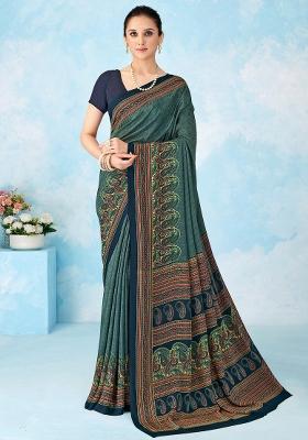 Teal Blue Printed Crepe Saree Set