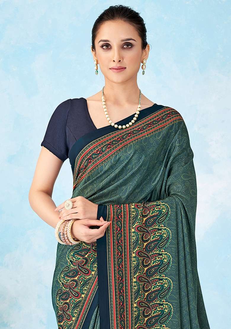 Teal Blue Crepe Saree Set with Printed for Diwali | Wedding & Festive Wear - Indya