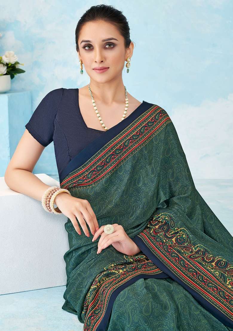 Teal Blue Crepe Saree Set with Printed for Diwali | Wedding & Festive Wear - Indya