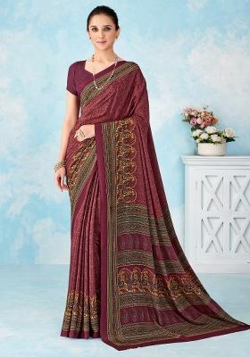 Burgundy Printed Crepe Saree Set