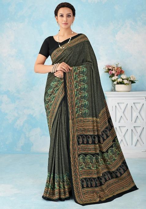 Black Printed Crepe Saree Set