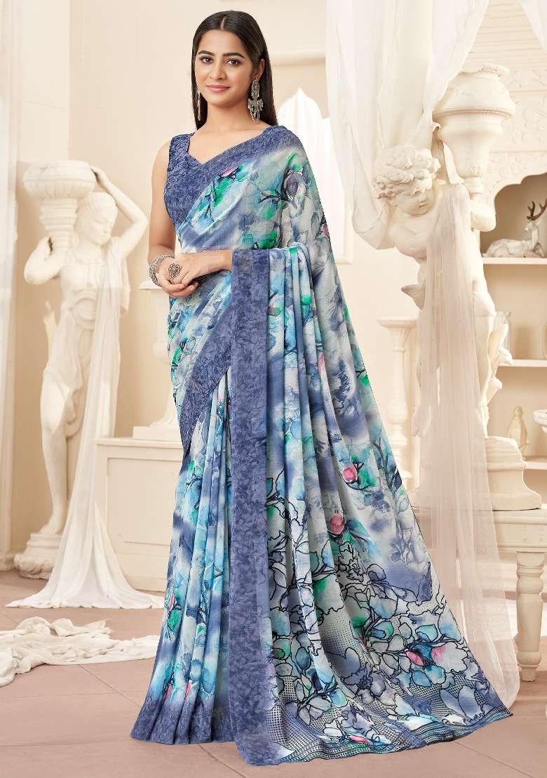 Grey Printed Georgette Saree Set - Indya