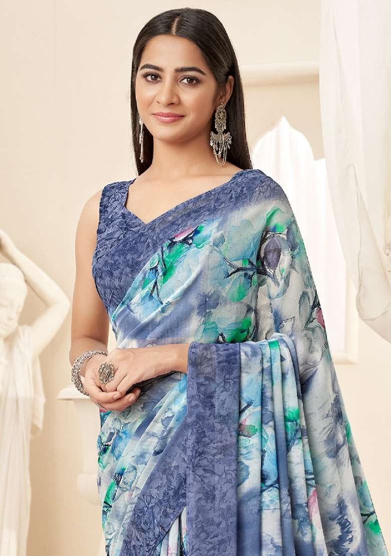 Grey Printed Georgette Saree Set - Indya
