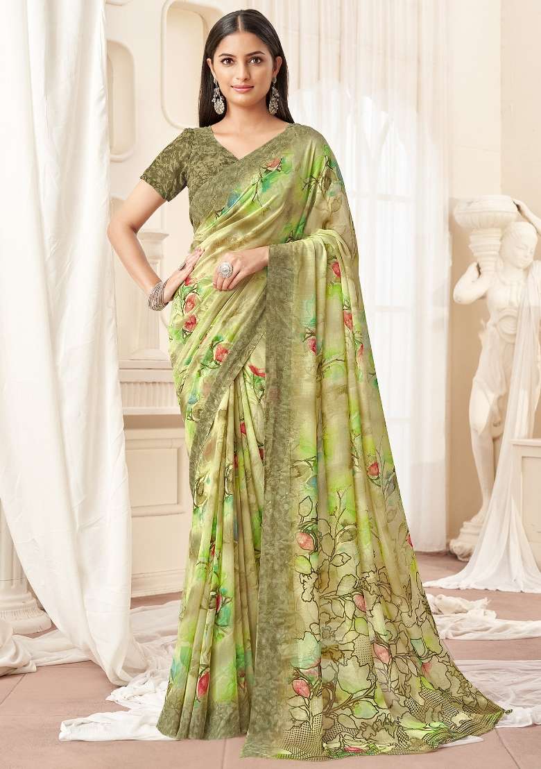 Light Green Printed Georgette Saree Set - Indya