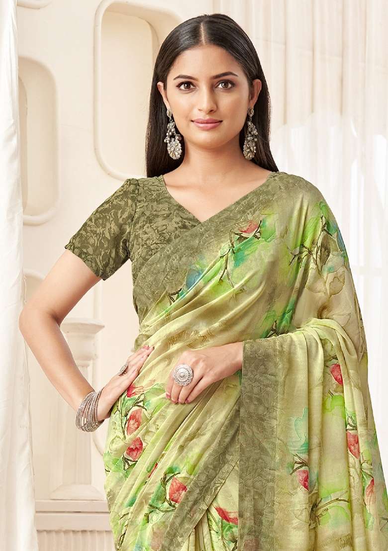 Light Green Printed Georgette Saree Set - Indya