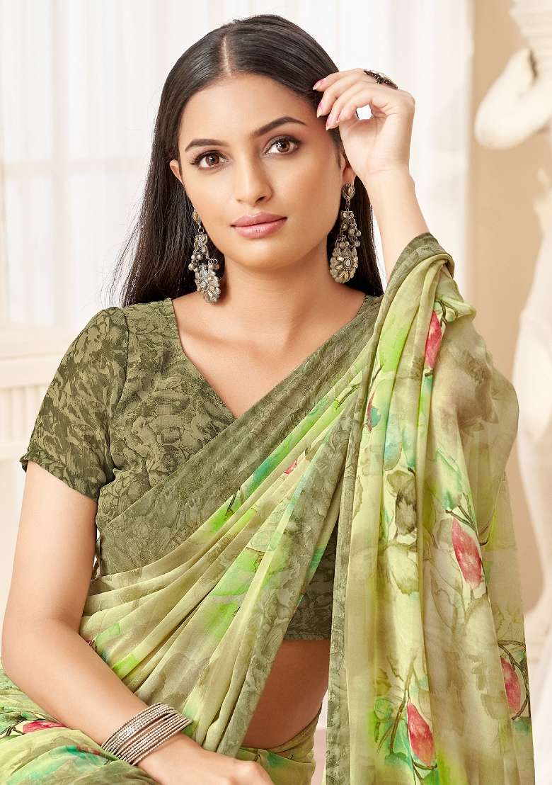 Light Green Printed Georgette Saree Set - Indya