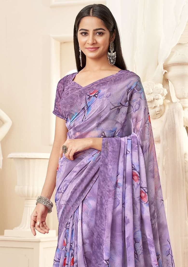 Lavender Printed Georgette Saree Set - Indya