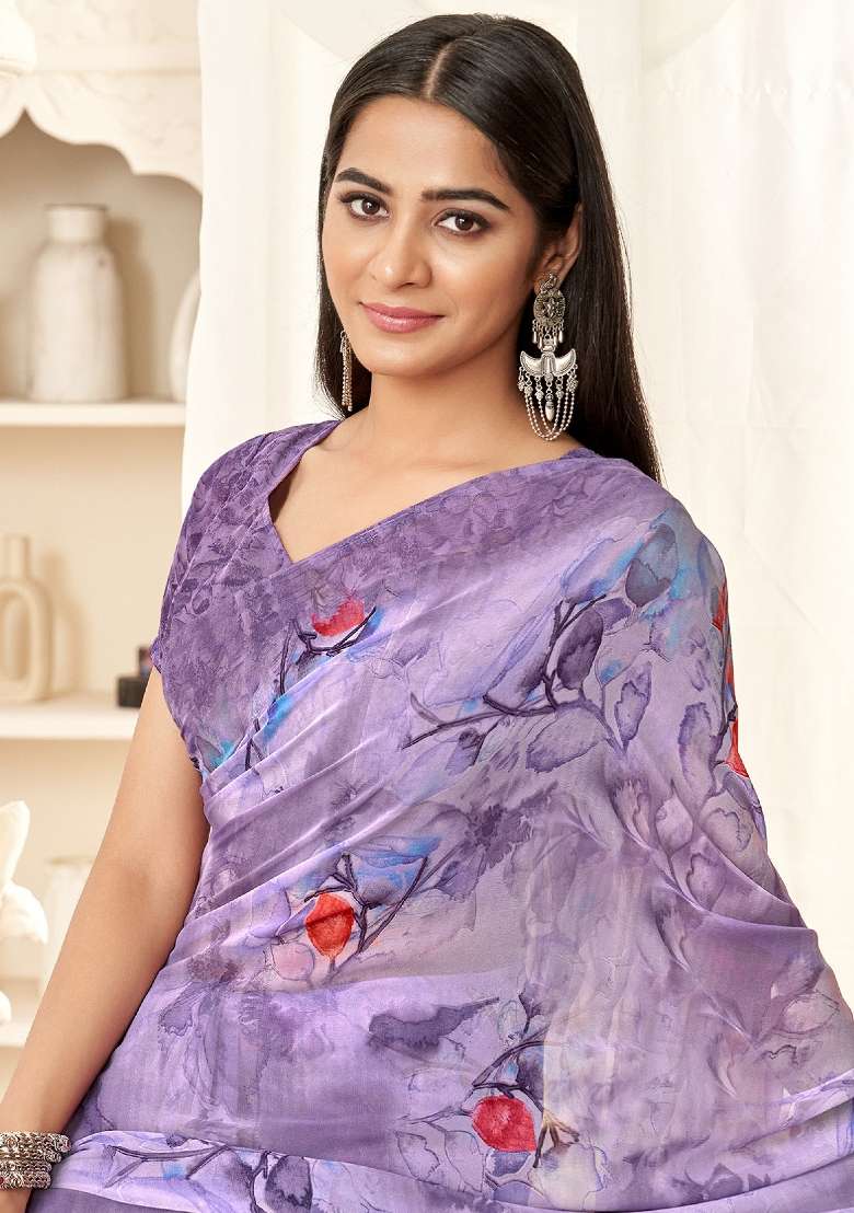 Lavender Printed Georgette Saree Set - Indya