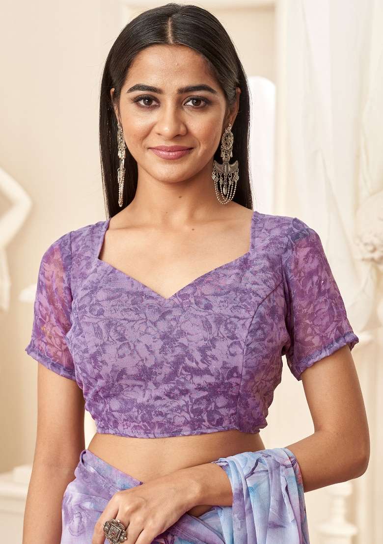 Lavender Printed Georgette Saree Set - Indya