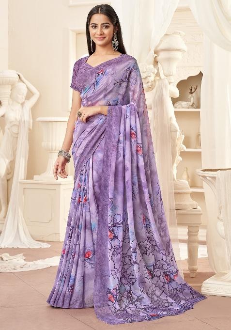 Lavender Printed Georgette Saree Set — view on Indya