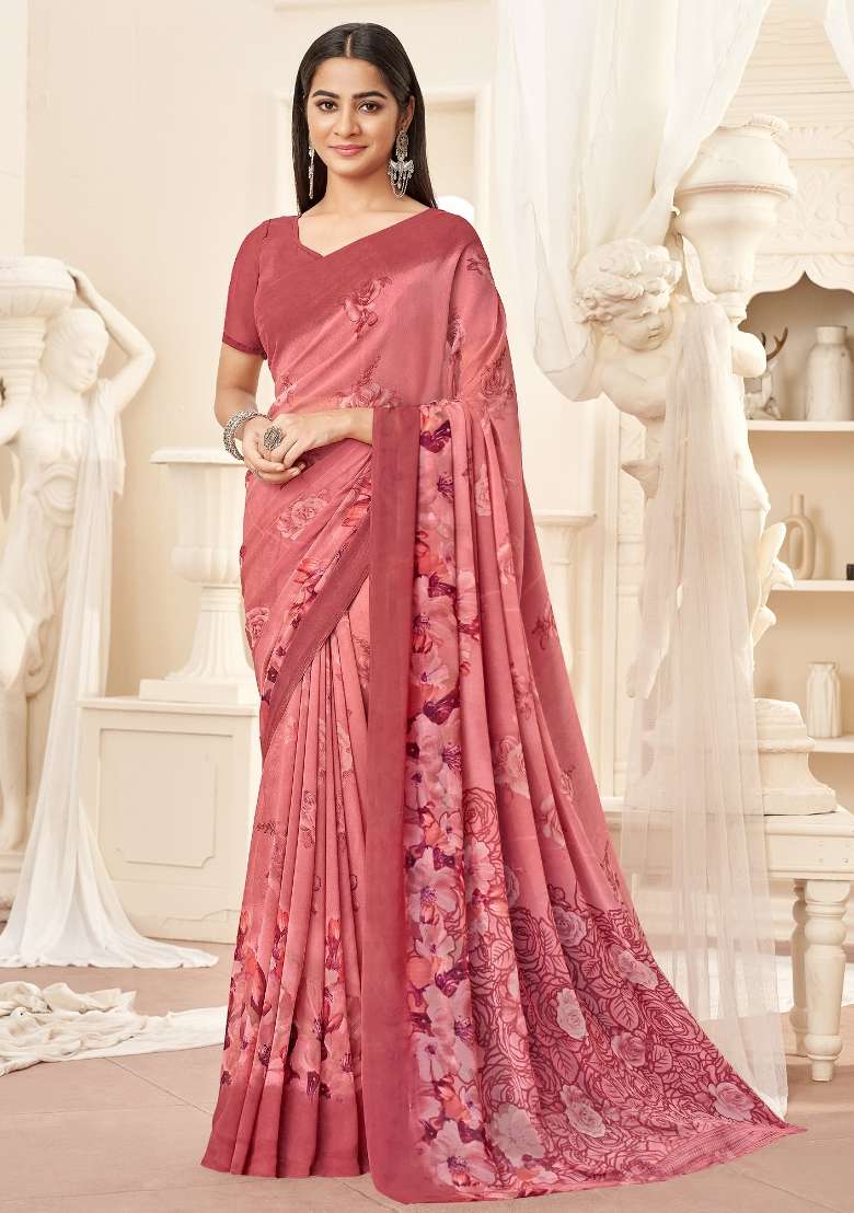 Rose Gold Printed Georgette Saree Set - Indya