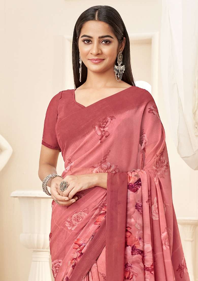 Rose Gold Printed Georgette Saree Set - Indya