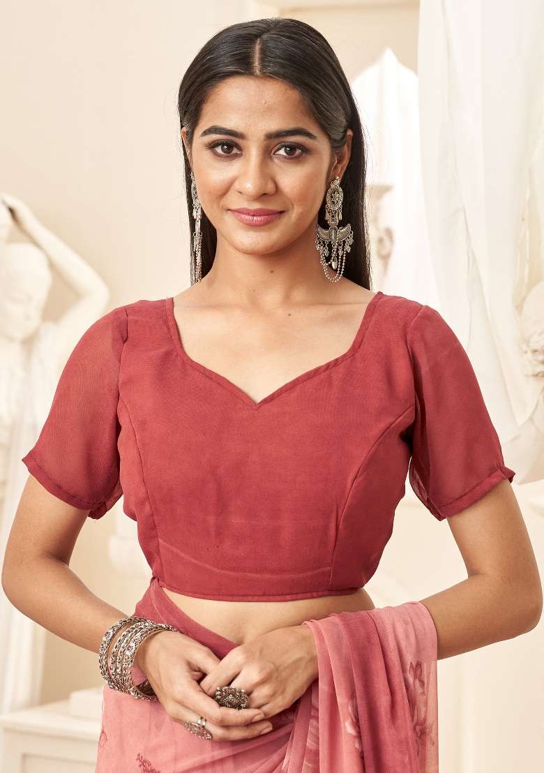 Rose Gold Printed Georgette Saree Set - Indya