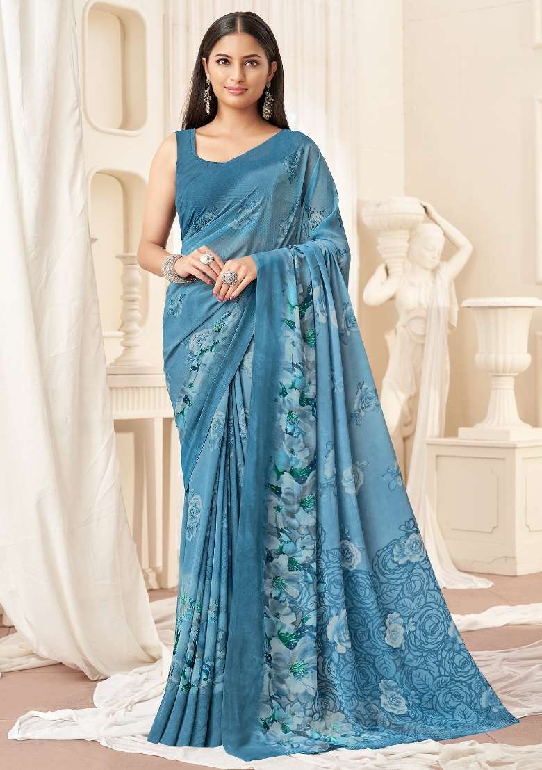 Light Blue Printed Georgette Saree Set - Indya