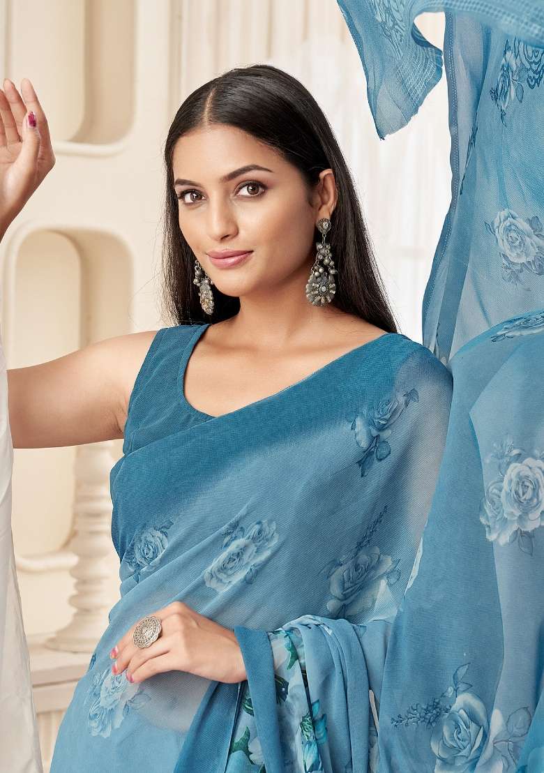Light Blue Printed Georgette Saree Set - Indya