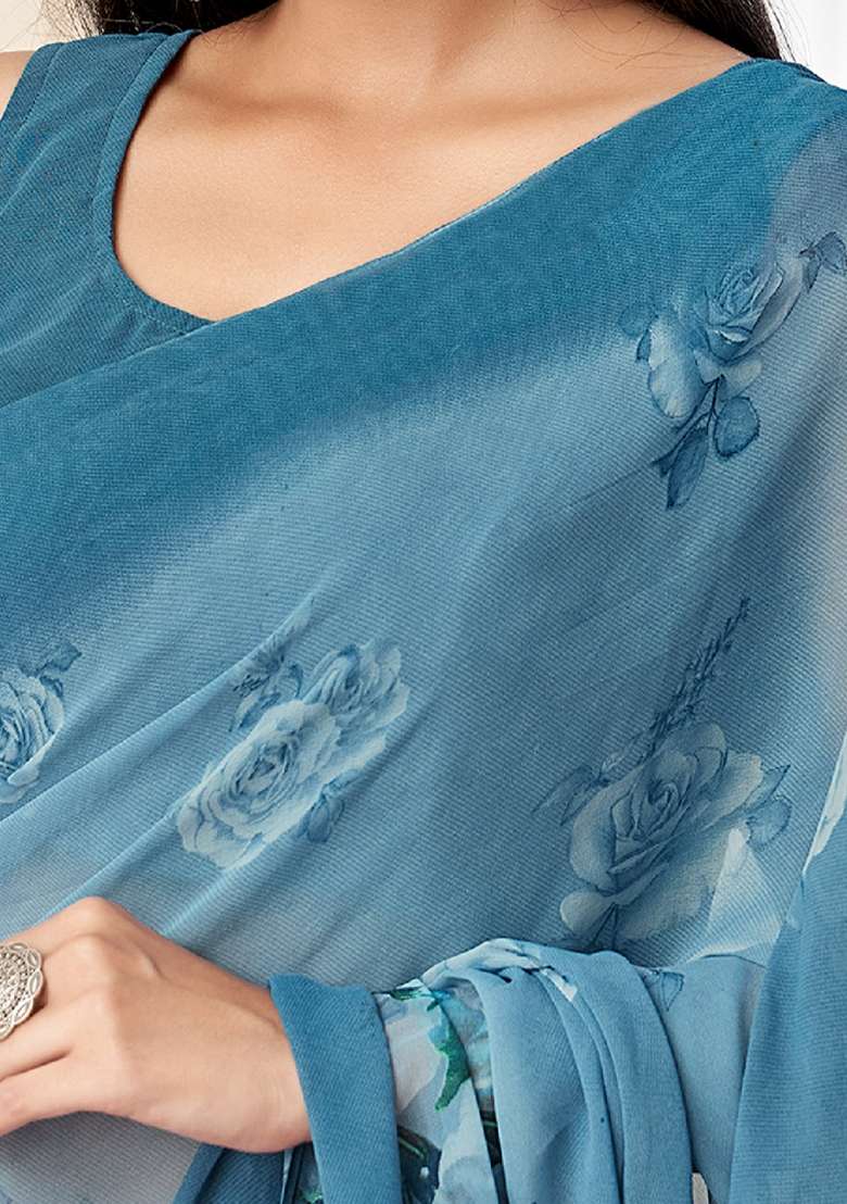 Light Blue Printed Georgette Saree Set - Indya