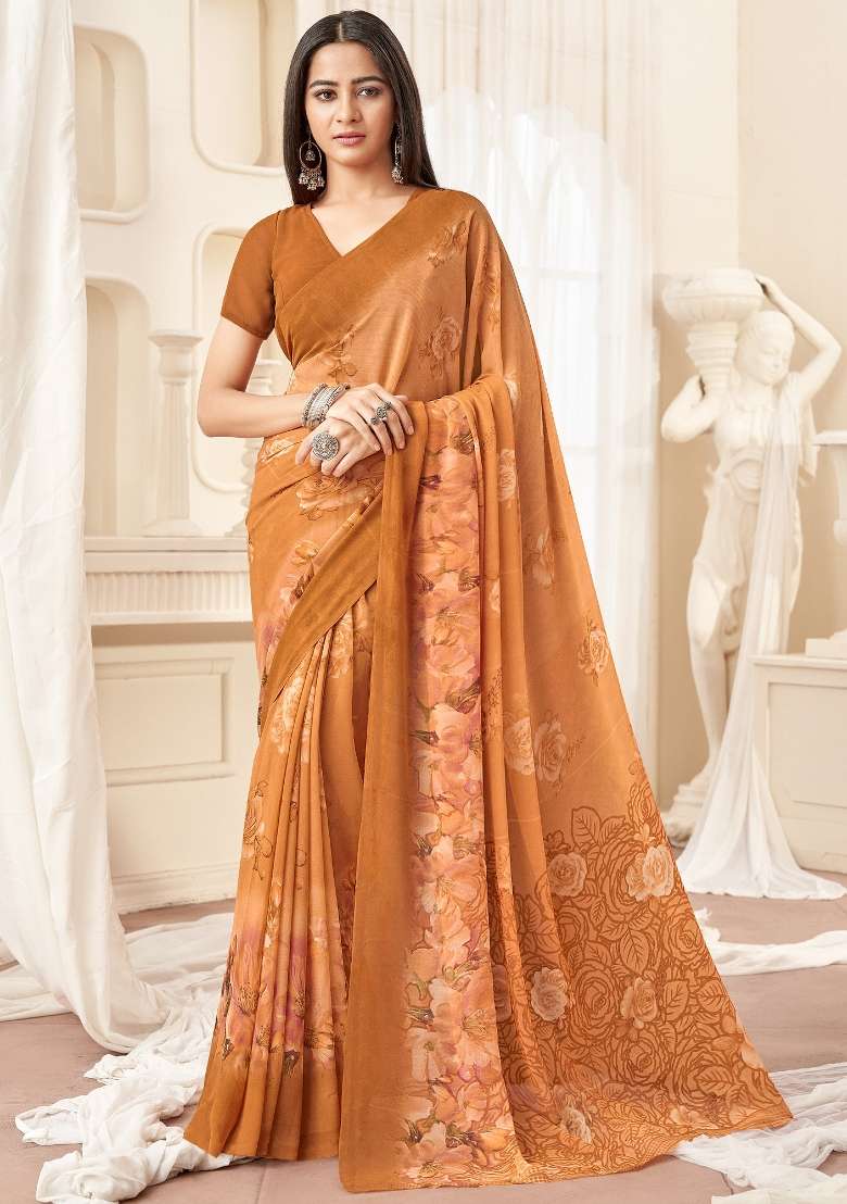 Camel Brown Printed Georgette Saree Set - Indya