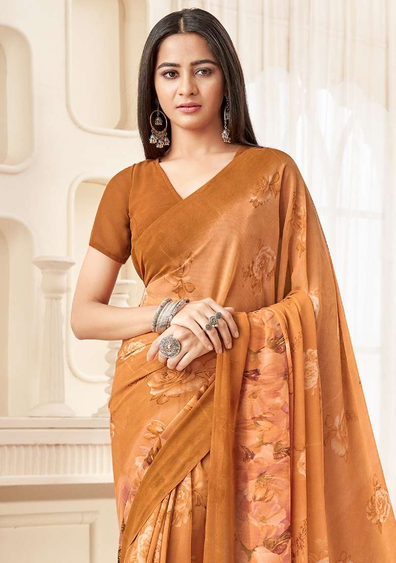 Camel Brown Printed Georgette Saree Set - Indya