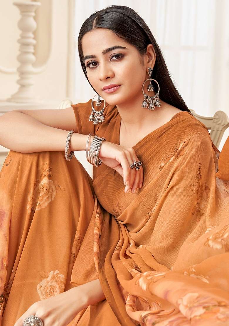 Camel Brown Printed Georgette Saree Set - Indya