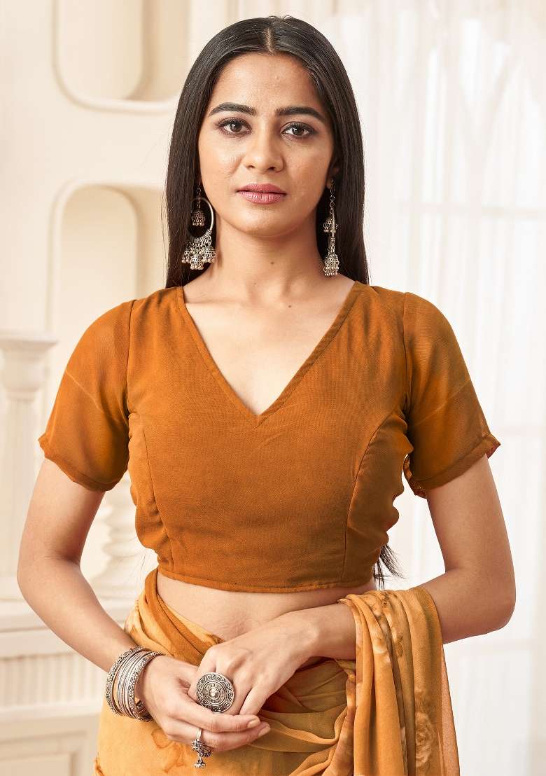 Camel Brown Printed Georgette Saree Set - Indya