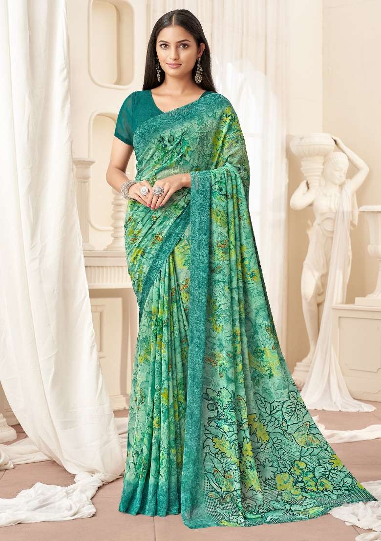Light Green Printed Georgette Saree Set - Indya