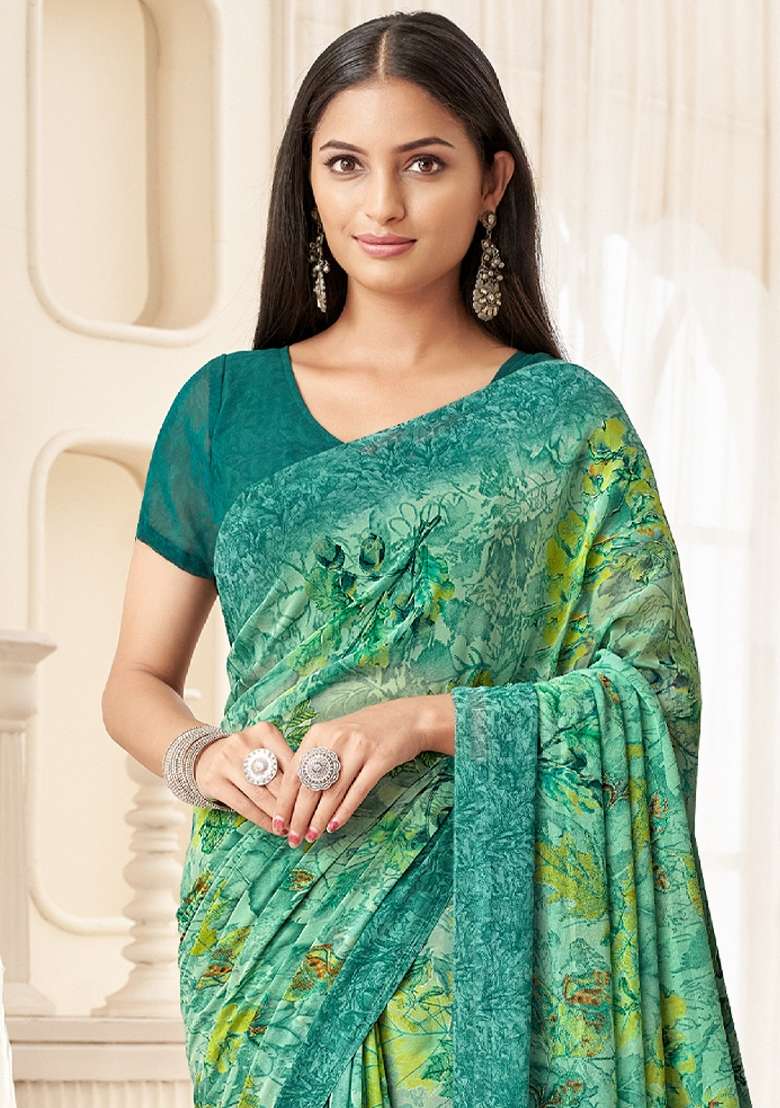 Light Green Printed Georgette Saree Set - Indya
