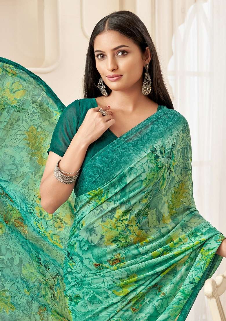 Light Green Printed Georgette Saree Set - Indya
