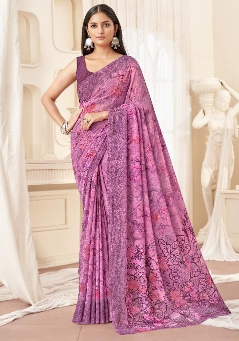 Pink Printed Georgette Saree Set — view on Indya