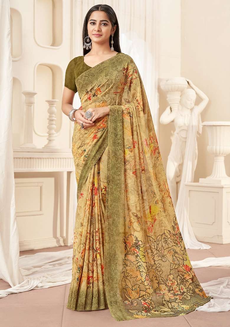 Yellow Printed Georgette Saree Set - Indya
