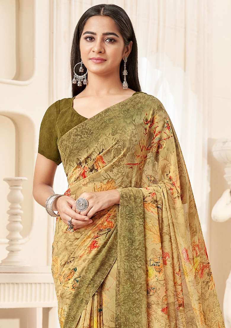 Yellow Printed Georgette Saree Set - Indya
