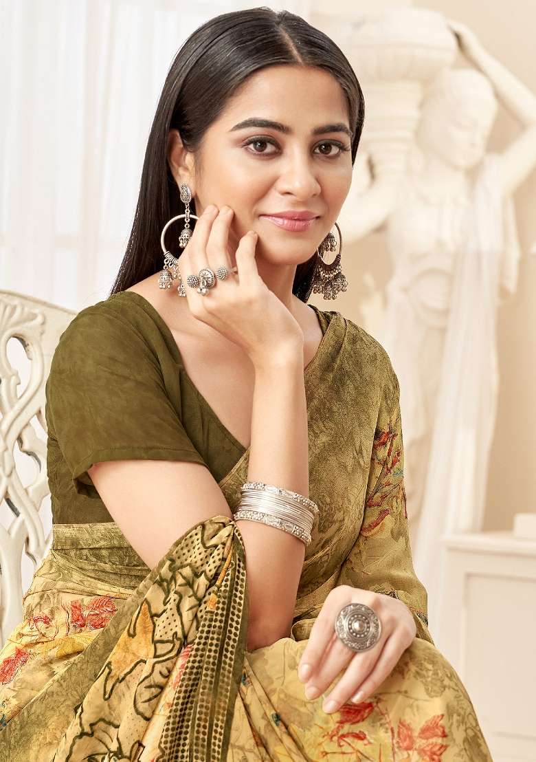 Yellow Printed Georgette Saree Set - Indya