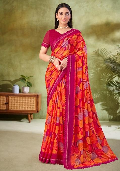 Orange Printed Chiffon Saree Set — view on Indya