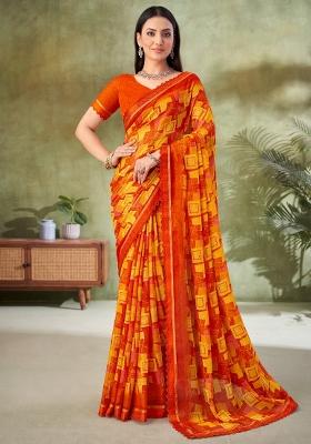 Orange Printed Chiffon Saree Set