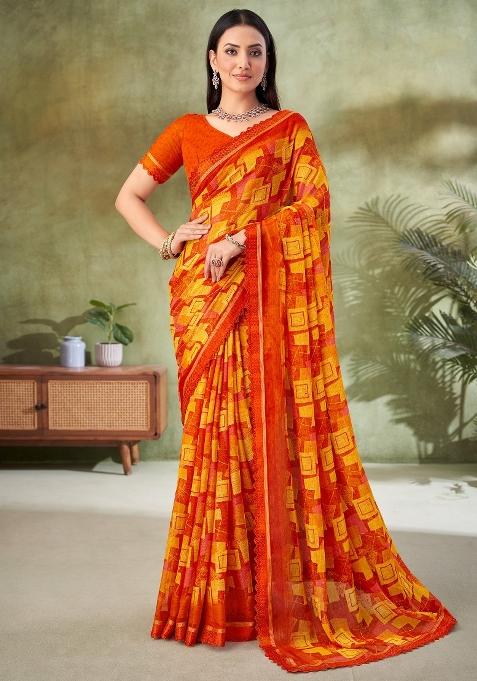 Orange Printed Chiffon Saree Set — view on Indya