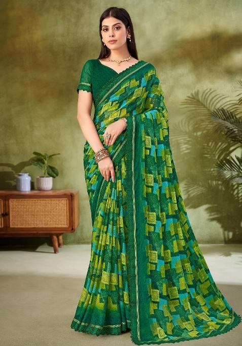 Green Printed Chiffon Saree Set — view on Indya